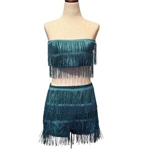 PrettyLittleThing Emerald Green Fringe Two Piece Bandeau Crop Top Shorts sz 8